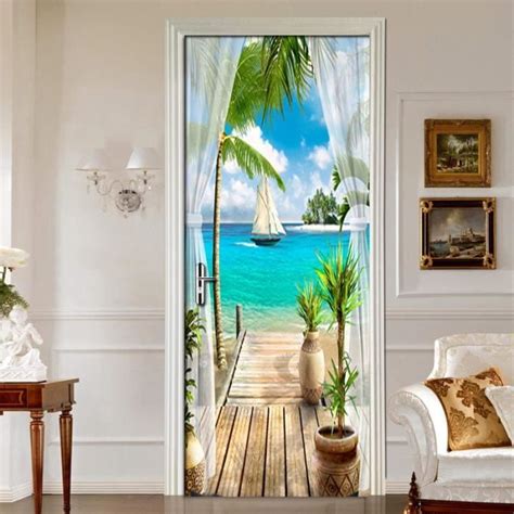 Sticker Porte 3D Trompe L Oeil Balcon Voile Vue Mer Autocollant Poster