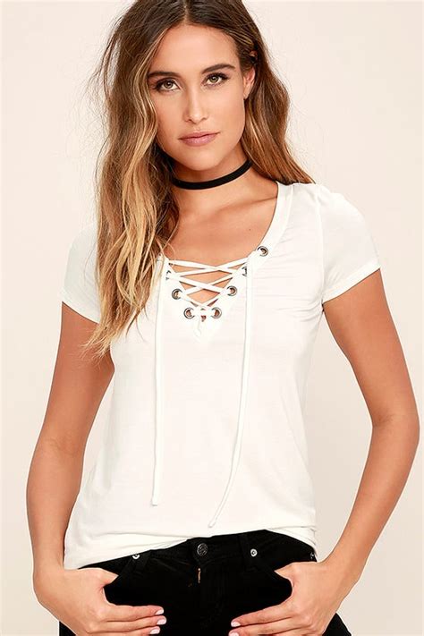 Lace Up Tee Ivory Top Short Sleeve Top White Top 34 00 Lulus