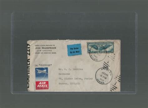 1940 Pan Am US Airmail Cover Boston To England Via New York Hotel