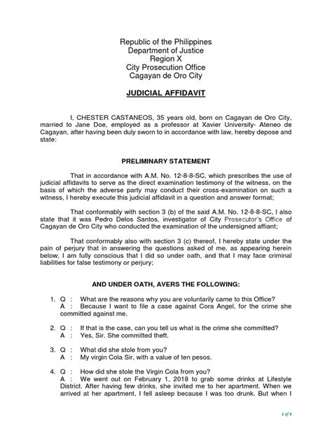 Sample Format Of Judicial Affidavit Affidavit Perjury