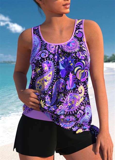 Bowknot Mid Waisted Paisley Print Purple Tankini Set Modlily