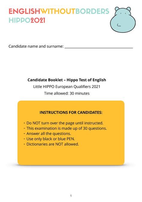 Hippo L Eq Examination For English Englishwithoutborders Hippo 2021 Candidate Name And