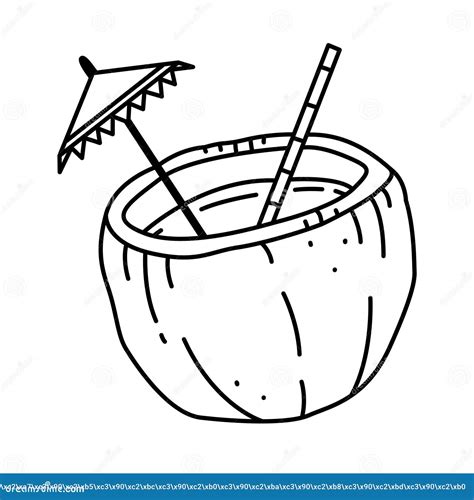 Coconut With Straw In Simple Black And White Doodle Style Isolated On