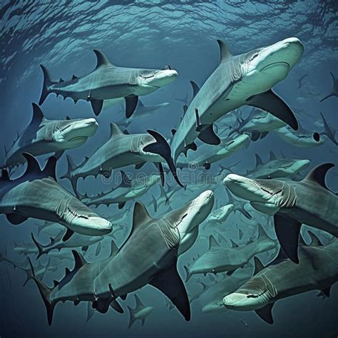 Hammerhead Sharks Swimming In A Large School In The Ocean Stock