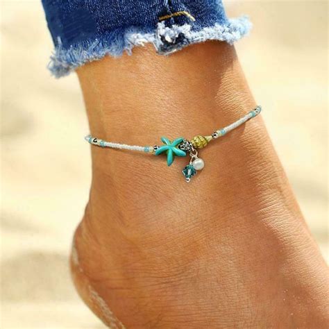 Starfish Conch Shell Anklet Turquoise Pearl Bead Sea Star Ankle