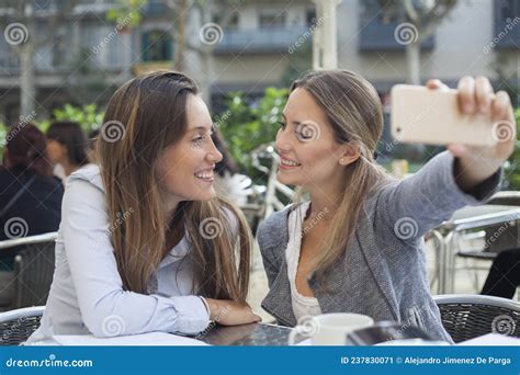 Friends Making Selfie Two Beautiful Young Women Making Selfie Stock