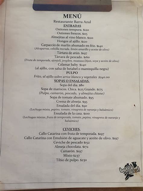 Menu At Restaurante Barra Azul Ensenada Calle Once Y Avenida Mar