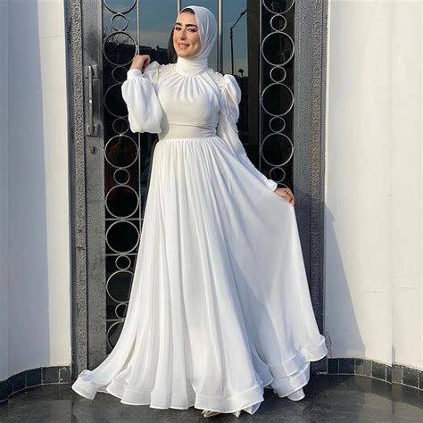 Modest White Wedding Dresses For Hijab Women High Neck Long Puff