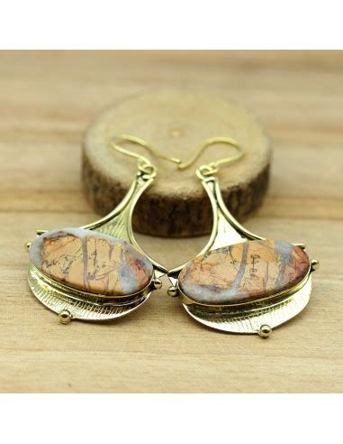 Boucles d oreilles jaspe paysage dorées Mosaik bijoux indiens b12