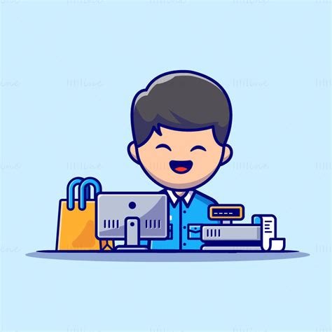 Cartoon Cashier Vector, Cash register, computer, shopping bag