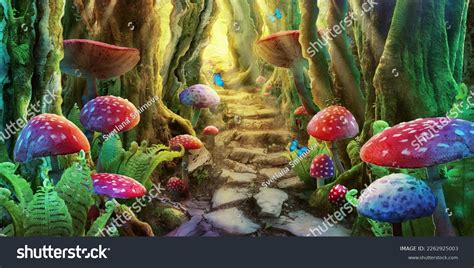 Fantastic Wonderland Landscape With Mushrooms Trees Morpho Butterflies