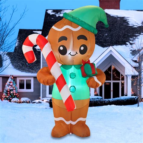 6 Ft Tall Inflatable Ginger Man Holding Candy Cane With Build In Leds