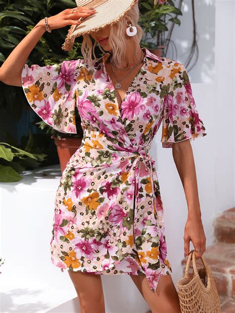 Shein Vcay Floral Print Butterfly Sleeve Knot Side Wrap Dress Shein Uk