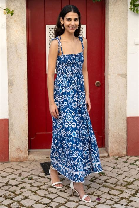 Yumi Blue Ikat Print Midi Sun Dress Yumi