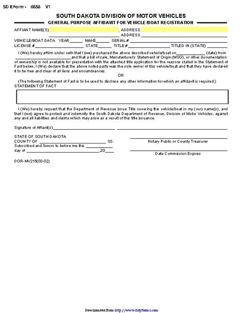 South Dakota General Purpose Affidavit For Vehicle Boat Registration