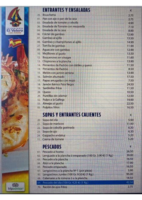 Carte Et Menus 2024 Velero Casa Antonio à Maspalomas Thefork