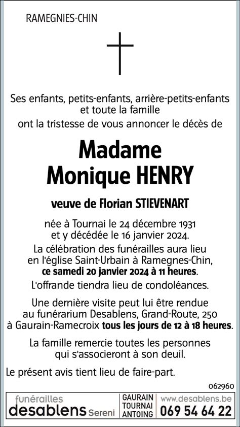 Avis De Décès De Monique Henry Décédé Le 16012024 à Tournai Annonce