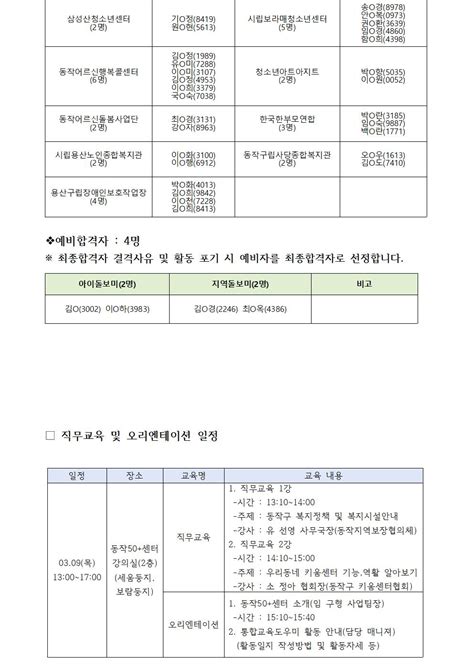 서울시 50플러스포털 동작 2023년 서울시보람일자리사업 지역복지사업단 아이돌보미 지역돌보미 참여자 최종합격 공고