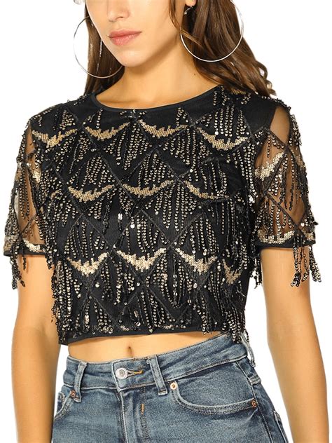 Allegra K Allegra K Womens Sequin Shiny Glitter Crop Tops Short