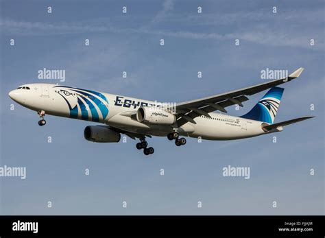 A330 Egyptair Airlines Landing At LHR London Heathrow Airport Stock