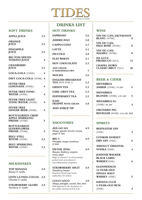 Menus Tides Cafe