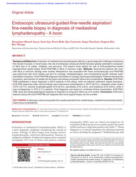 Pdf Endoscopic Ultrasound Guided Fine Needle Aspiration F Ine Needle Biopsy In Diagnosis Of