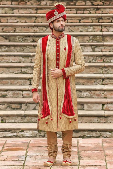 Heavy Embroidered Sherwani With The Touch Of Maroon Velvet Sherwani