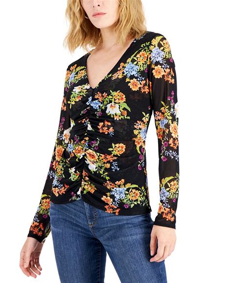 Inc International Concepts Womens Floral Print Ruched Center V Neck