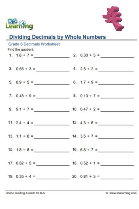 Math Worksheets Grade 6 Decimals