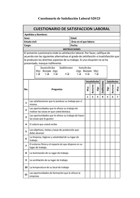 Cuestionario De Satisfaccion Laboral Toma De Decisiones Cognicion