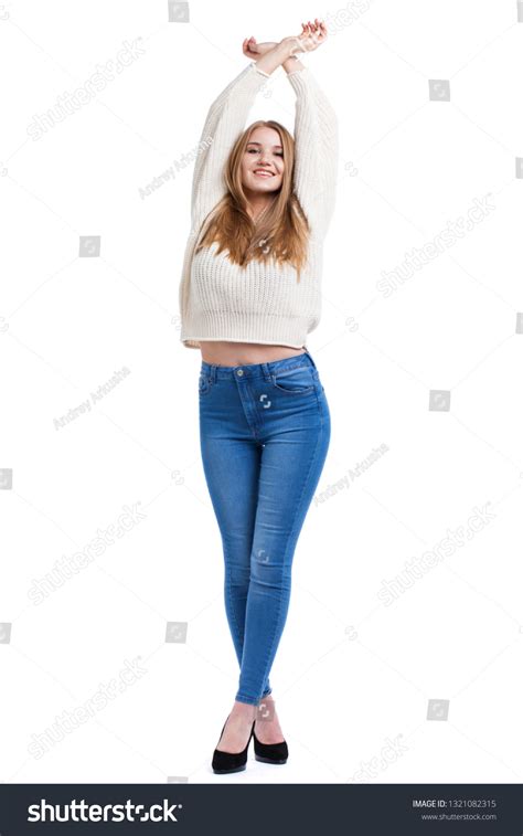 Sexy Blonde Woman Blue Jeans White Stock Photo 1321082315 Shutterstock