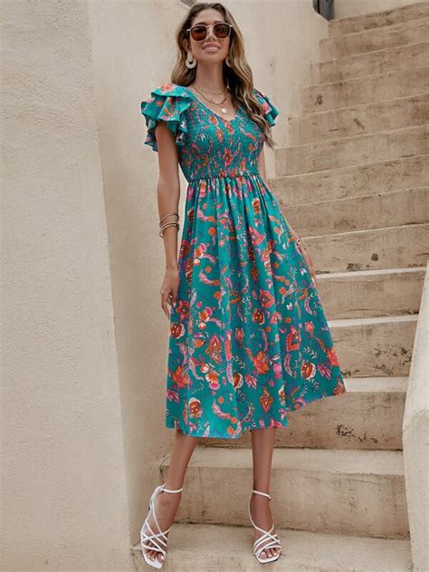 Shein Vcay Floral Print Butterfly Sleeve Shirred A Line Dress For Sale