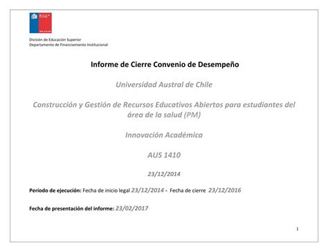 Pdf Informe De Cierre Convenio De Desempe O Uach Informe De