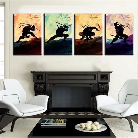 Modern Home Decor Wall Art 4 Panel Pictures Hand Painted Cartoon Ninja