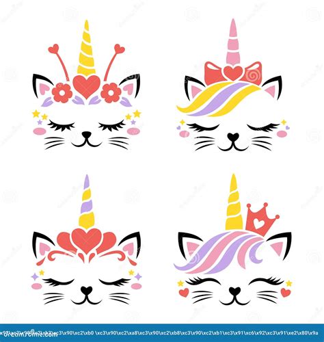 Cute Cat Unicorn Face Vector Set For Valentines Day Stock Vector