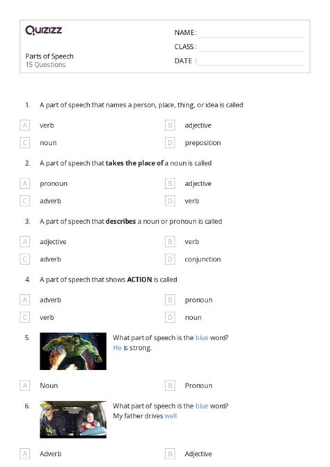 50 Parts Of Speech Worksheets For 6th Grade On Quizizz Free And Printable