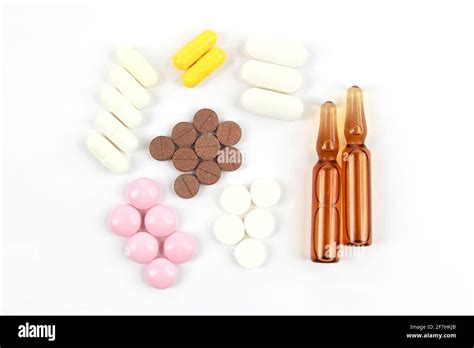 medicinal tablets, ampules for injections on white background Stock ...