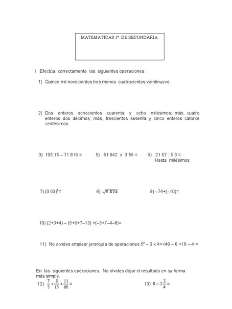 Examen 1ro Sec Pdf Fracción Matemáticas Matemática Elemental