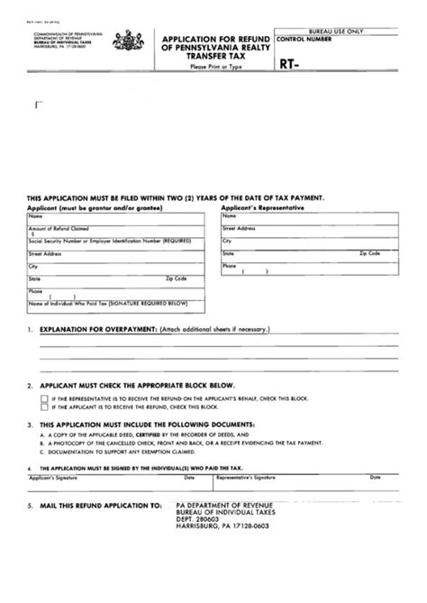 Fillable Form Rt Application For Refund Of Pennsylvania Realty