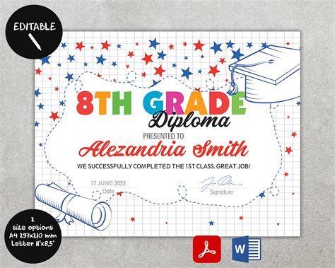 Editable 8th Grade Diploma Certificate For Students Kids Etsy