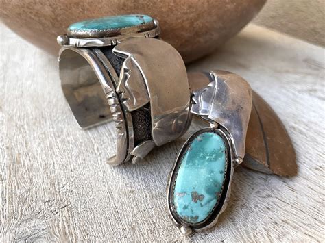 Vintage Figural Sterling Silver Turquoise Cuff Bracelet Matching Ring