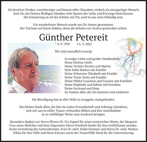 Traueranzeigen von Günther Petereit trauer merkur de