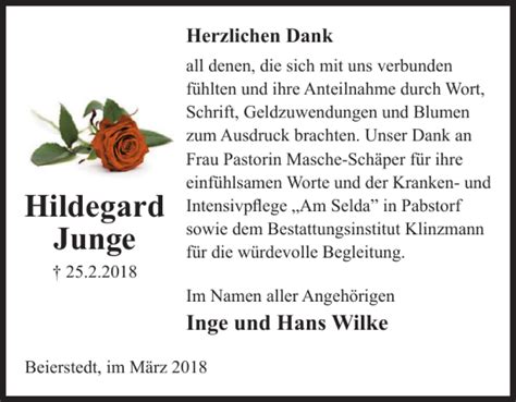 Traueranzeigen Von Hildegard Junge Trauer De