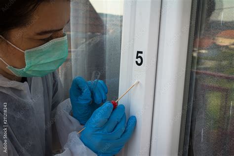 Forensic Expert Takes A Sample Of The Dna Analysis On Sterile Swab From