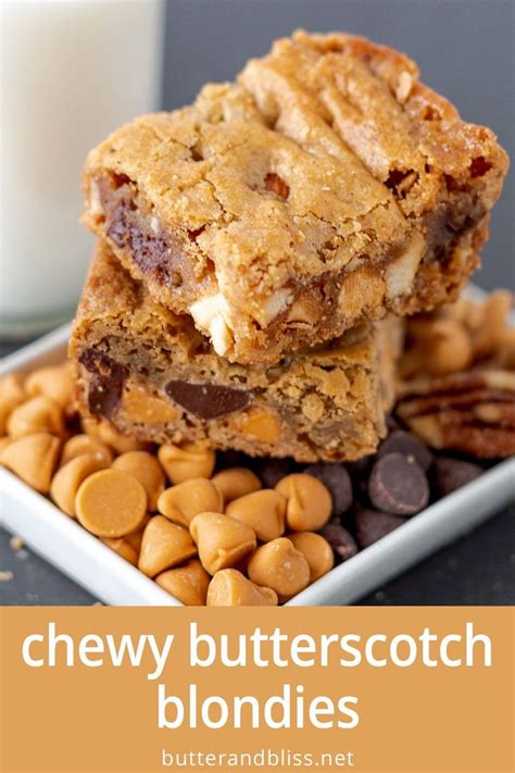 Chewy Butterscotch Blondies Are Stacked On Top Of Each Other In Front