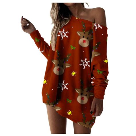 Buy Women S Christmas Printed Loose Skew Collar Long Sleeve Strapless T Shirt Top At Affordable