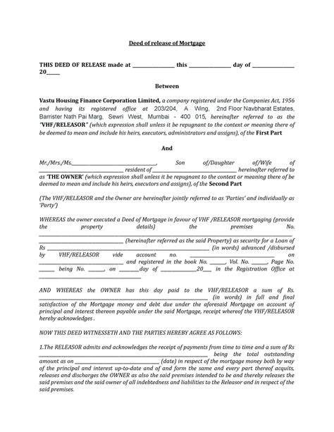 Registered Mortgage Release Deed Deed Of Release Of Mortgage This