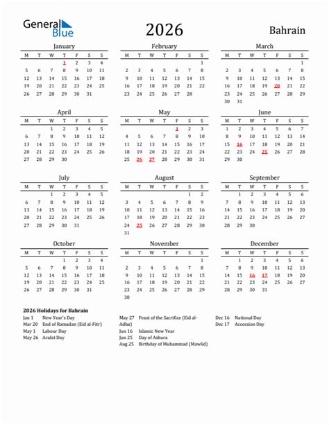 Bahrain Calendar With Holidays