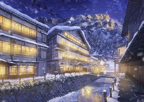 Ginzan Onsen By Pjynico Anime Scenery Anime Places Fantasy Landscape