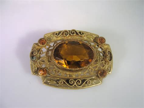 Victorian Amber Brass Brooch Victorian Citrine Glass Brooch Brass Brooch Glass Brooch Amber